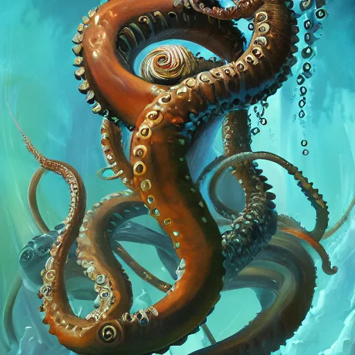 Image similar to Underwater Tentacle Pandomonium;Art by Greg Manchess, Art Direction by Jeremy Jarvis; painting spiraling inward; Deep sea horror; teeth and eyes; illustration