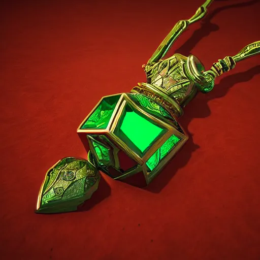 Prompt: shiny metallic amulet with a glowing emerald, highly detailed, concept art, beautiful, octane render