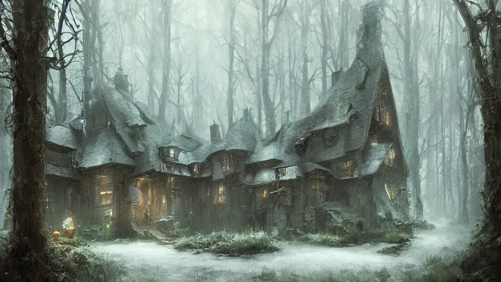 Image similar to a magical house in a forest, high detail, digital art, painted by greg rutkowski, painted by seb mckinnon, trending on artstation