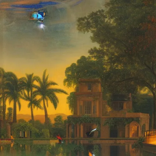 Prompt: many jewel colored hummingbirds with milky eyes hovering around plants in front of a sprawling manor in a renaissance architecture city street at night with rainforest greenery, hudson river school style, illustration, bright colors