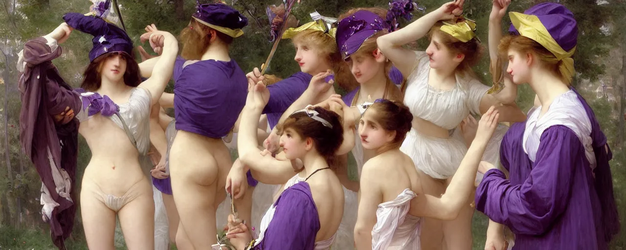 Prompt: A character sheet of full body cute magical girls with short blond hair wearing an oversized purple Beret, Baggy Purple overall shorts, Short Puffy pants made of silk, pointy jester shoes, a big billowy scarf, Golden Ribbon, and white leggings Covered in stars. Short Hair. Art by william-adolphe bouguereau and Paul Delaroche and Alexandre Cabanel and Lawrence Alma-Tadema and WLOP and Artgerm. Sunlit. 4K. UHD. Denoise.