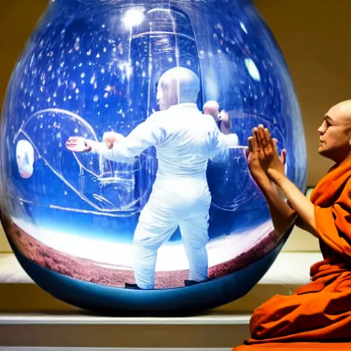 Prompt: a Buddhist monk levitating whilst meditating inside an astronauts helmet
