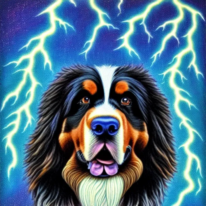 Image similar to an anthropomorphic male bernese mountain dog dressed as zeus shooting lightning bolts, by alex grey, intricate details, artstation, furry, psychedelic, hd, beautiful