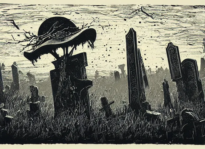 Prompt: two tone woodcut print, ghost in graveyard at midnight by greg rutkowski, fine details, highly detailed