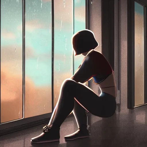 Image similar to sad girl sitting by the window looking towards a cyberpunk city, accurate features, focus, very intricate ultrafine details, masterpiece, 8 k hd, realistic shaded lighting, detailed render, detailed backgrounds, epic composition, soft neon lights, rain
