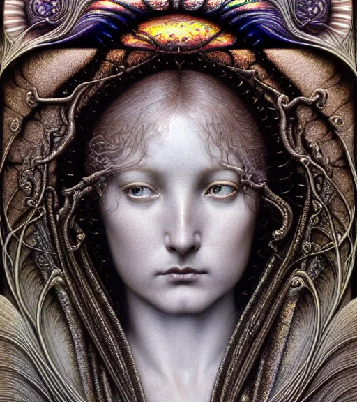 Image similar to detailed realistic beautiful iridescent goddess face portrait by jean delville, gustave dore, iris van herpen and marco mazzoni, art forms of nature by ernst haeckel, art nouveau, symbolist, visionary, gothic, neo - gothic, pre - raphaelite, fractal lace, intricate alien botanicals, biodiversity, surreality, hyperdetailed ultrasharp octane render