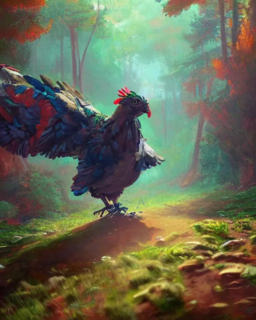 Prompt: giant chicken robot walking in a forest, colorful detailed digital painting, concept art, Darek Zabrocki