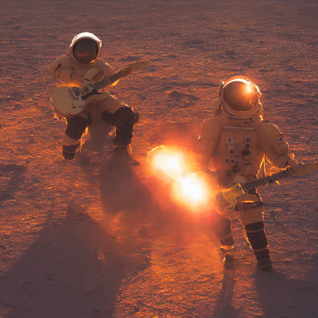 Prompt: astronaut playing an electric guitar in the desert during sunset, golden hour