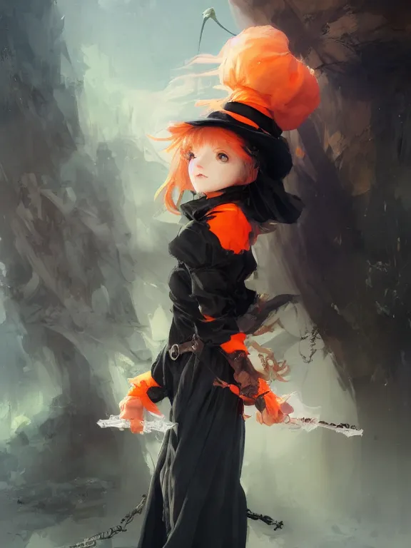 Image similar to Full shot of a cute mischievous young witch about to get up to some trouble. Black and Orange palette. By Ruan Jia and Artgerm and Range Murata and WLOP and CLAMP. Key Art. Fantasy Illustration. award winning, Artstation, intricate details, realistic, Hyperdetailed, 8k resolution.