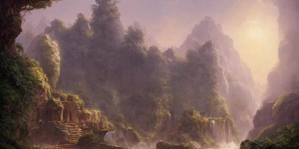 Image similar to A beautiful, perfect, impressive, amazing concept art digital CG painting of a ancient mesopotamia castle, forest waterfall and cave at sunset, fantasy, magical lighting, Greg Rutkowski and Studio Ghibli and Ivan Shishkin trending on ArtStation, Unreal Engine