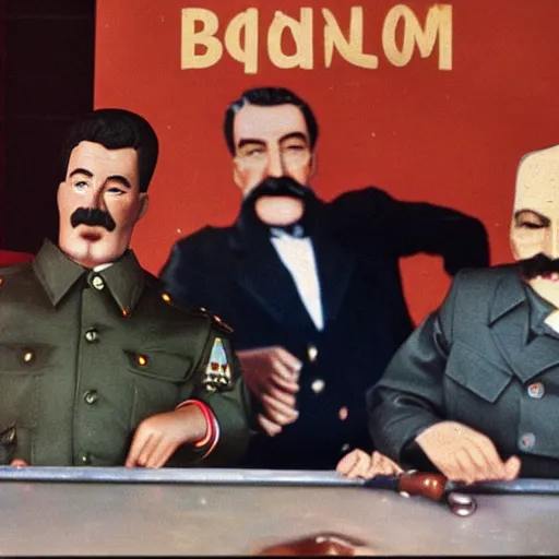 Prompt: mannequins of bryan cranston and stalin, bryan cranston is holding up a ziplock with meth, stalin is surprised