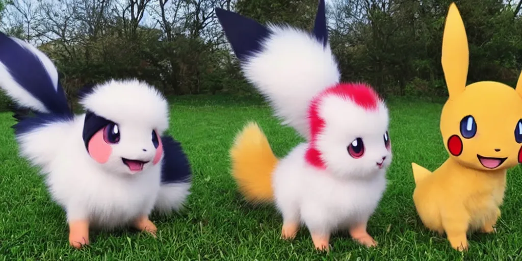 Image similar to real life pokemons, cute!!!, content!!!, mischievous!!!, adorable!!!, fluffy!!!, ultra realistic!!!, spring, golden hour, sharp focus