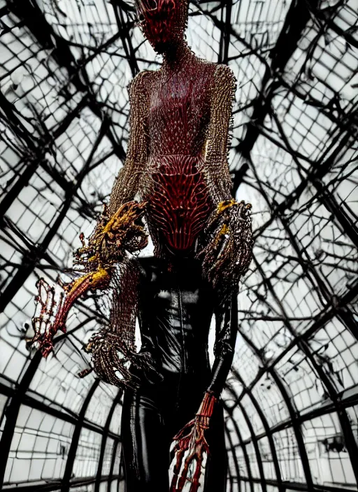 Image similar to walking down the catwalk, steven klein, show, stage, vogue photo, podium, fashion show photo, iris van herpen, beautiful woman, full body shot, helmet on face, masterpiece, plant predator, guyver, jellyfish, biomechanical details, movie still, fauvism, cinestill, bokeh, gelios lens