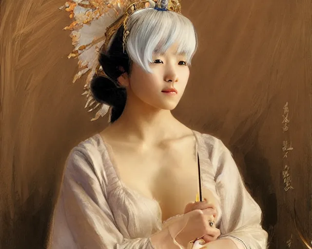 Image similar to a young japanese princess lady with white hair and bangs!!!!, posing with a sword, white hair highly detailed painting by gaston bussiere, craig mullins, j. c. leyendecker 8 k