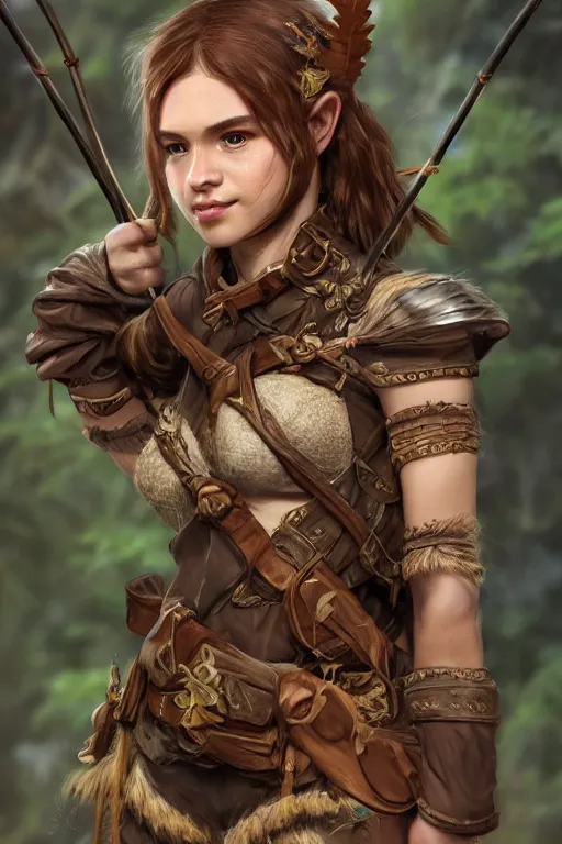 Prompt: Gorgeous Jungle Ranger, cute face, brown armor, thick bow, ornamental arrows, high fantasy, elf ears, brown hair, black pants, trending on artstation, artstationHD, artstationHQ, cgsociety, octane, realistic, enticing, intrinsic, by leng jun, by frank franzzeta