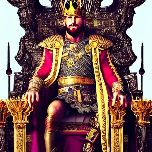 Prompt: sergio ramos as a king on throne, 4 k post processing, unreal engine, aesthetic!!!!!!!, intricate, ultra detailed, artstation style