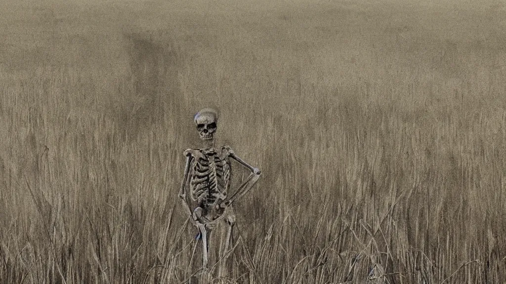 Image similar to a skeleton standing in a stomry, foggy wheat field, in the style of andrew wyeth, fine details