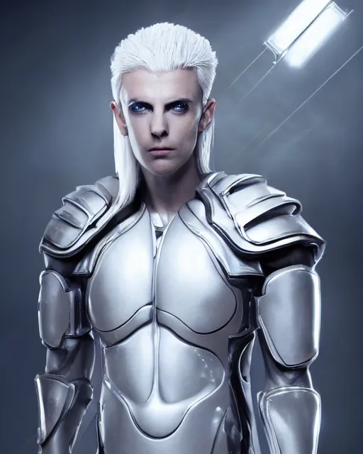 Prompt: perfect white haired egyptian male god, brute, fantasy nanosuit skin armor, beautiful, symmetric, dreamy, half african, black salamander eyes, charlize theron, detailed, scifi platform, laboratory, experiment, 4 k, ultra realistic, epic lighting, android body, illuminated, cinematic, masterpiece, art by akihito tsukushi, voidstar