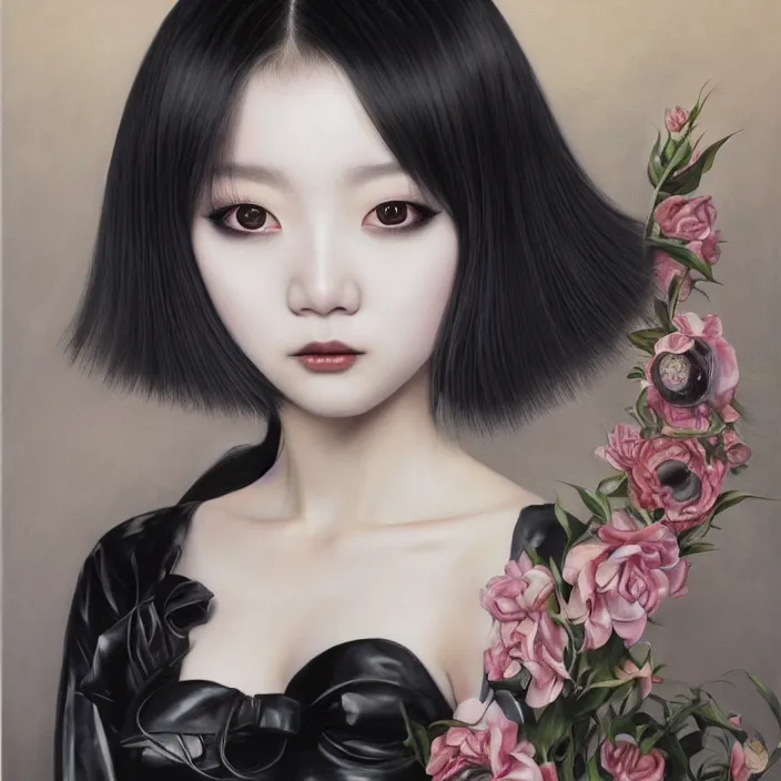 Prompt: elegant korean goth girl, latex, lolita fashion, beautiful, oil painting, sfumato, hyperrealistic, detailed, very smooth, brushwork, sharp focus, mood lighting, concept art, by junji ito, by takashi murakami, by alex grey