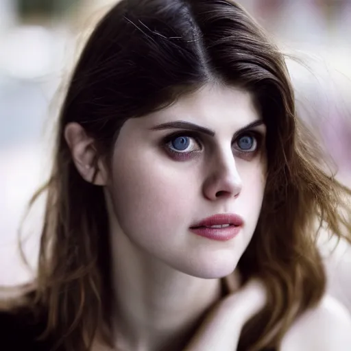 Image similar to closeup portrait of alexandra daddario in a smoky new york back street, photograph, natural light, sharp, detailed face, magazine, press, photo, Steve McCurry, David Lazar, Canon, Nikon, focus