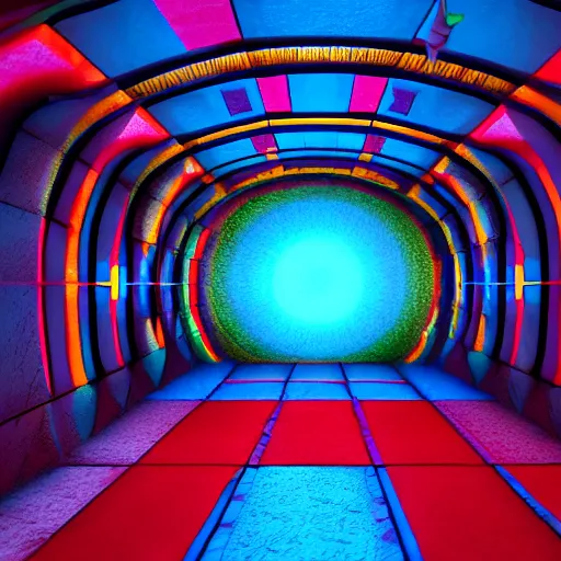 Image similar to underground cinema, realistic architecture, colorfull lights, octane render, 4k, 8k, fractals, psychedelic