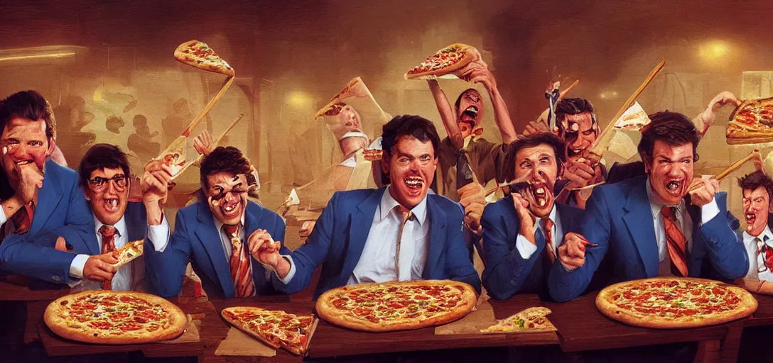 Image similar to business men eating a pizza, 80s style, smiling maniacally, 8k, james gurney, greg rutkowski, john howe, artstation