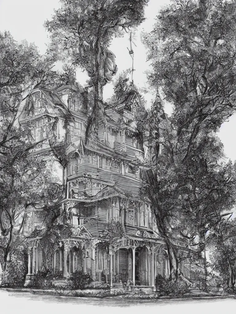 Image similar to a victorian house with a tree at its left side and a garden at its right side, pencil drawing, black and white, trending on artstation, behance, deviantart, drawn by tom lovell, artgerm, jsc, j. scott campbell