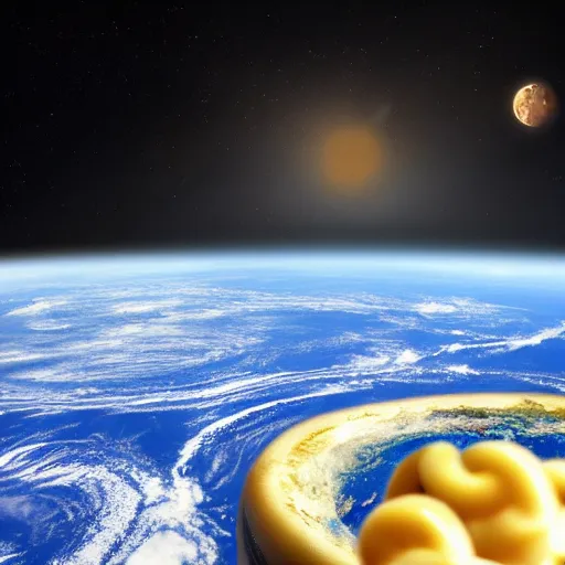 Image similar to earth viewed from space covered in mac and cheese, artstation, 4k