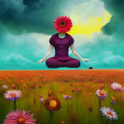 Image similar to giant daisy flower as head, girl sitting in a flower field, surreal photography, sunrise, dramatic light, impressionist painting, colorful clouds, digital painting, artstation, simon stalenhag