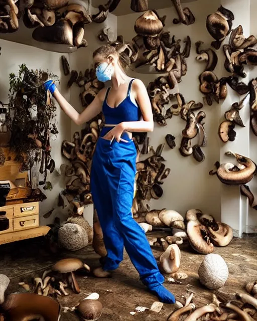 Image similar to beautiful model wears a breathing mask while scrubbing the floor of of room covered in Mushrooms, and indigo house mice, photorealistic and surreal