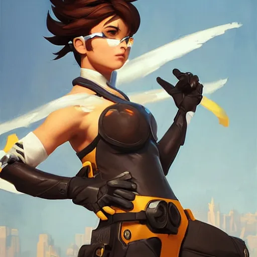 Prompt: greg manchess portrait painting tracer from overwatch, medium shot, asymmetrical, profile picture, organic painting, sunny day, matte painting, bold shapes, hard edges, street art, trending on artstation, by huang guangjian and gil elvgren and sachin teng
