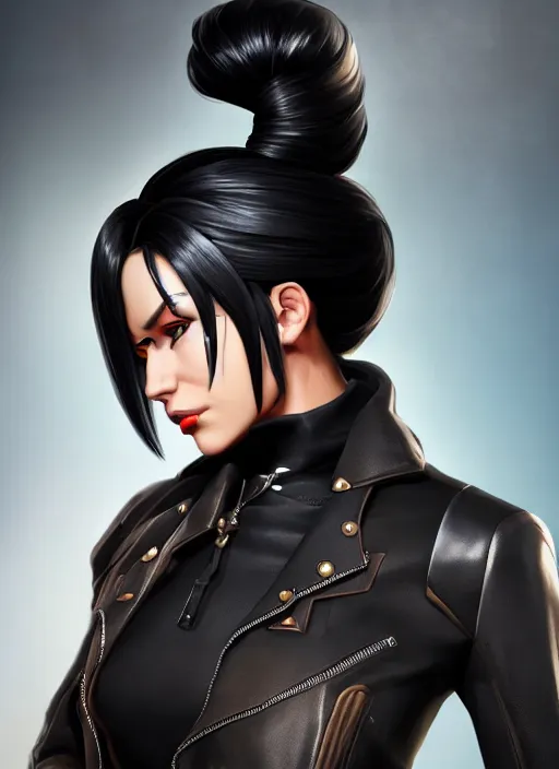 Image similar to overwatch style oil painting portrait of as woman with black hair and a leather jacket, confident pose, 4 k, expressive surprised expression, makeup, wearing sleek armor, studio lighting, black leather harness, expressive detailed face and eyes,