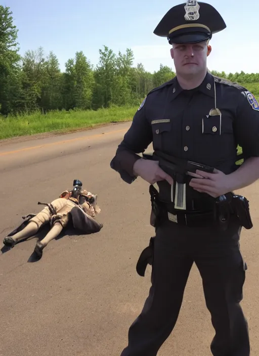 Image similar to Minnesota State Trooper in uniform and rifle in hand, standing victorious over a dead zombie.