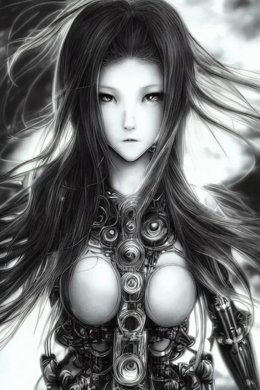 Image similar to a vertical portrait of a character in a scenic environment by Yoshitaka Amano, black and white, dreamy, cybernetic armor, wavy long black hair, highly detailed