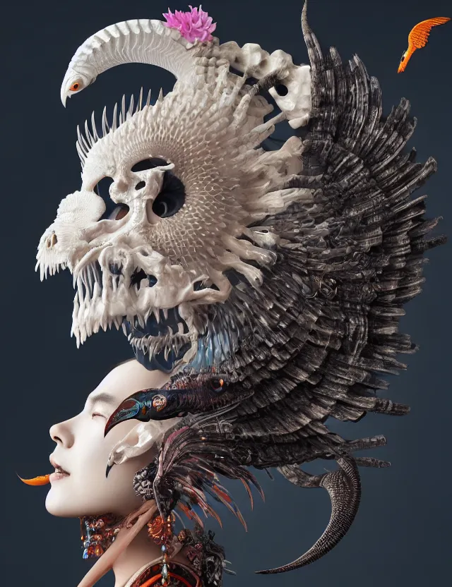 Image similar to 3 d goddess of death close - up profile portrait with ram skull. beautiful intricately detailed japanese crow kitsune mask and clasical japanese kimono. betta fish, jellyfish phoenix, bio luminescent, plasma, ice, water, wind, creature, artwork by tooth wu and wlop and beeple and greg rutkowski