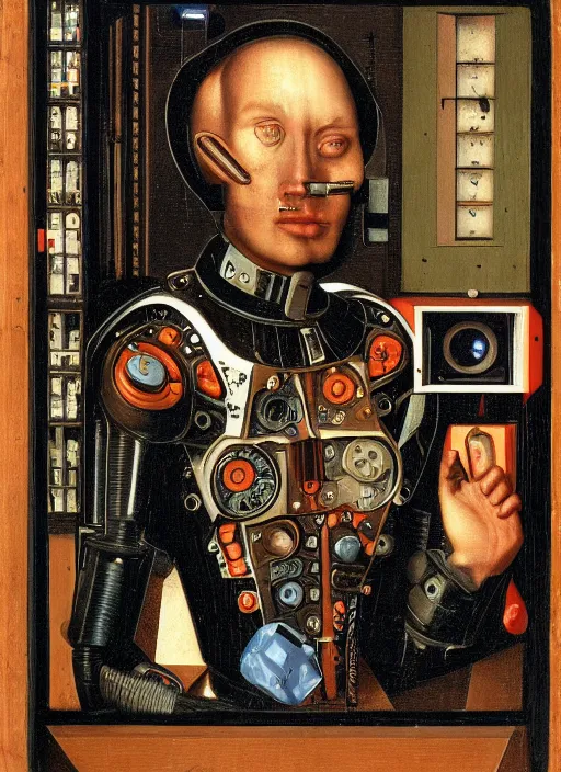 Image similar to a portrait of a cyborg jacked into their cyberdeck by Jan van Eyck