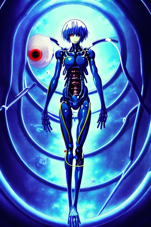 Image similar to female anime character rei ayanami cyborg in the center giygas epcotinside a space station eye of providence beksinski finnian vivid hr giger to eye hellscape mind character environmental