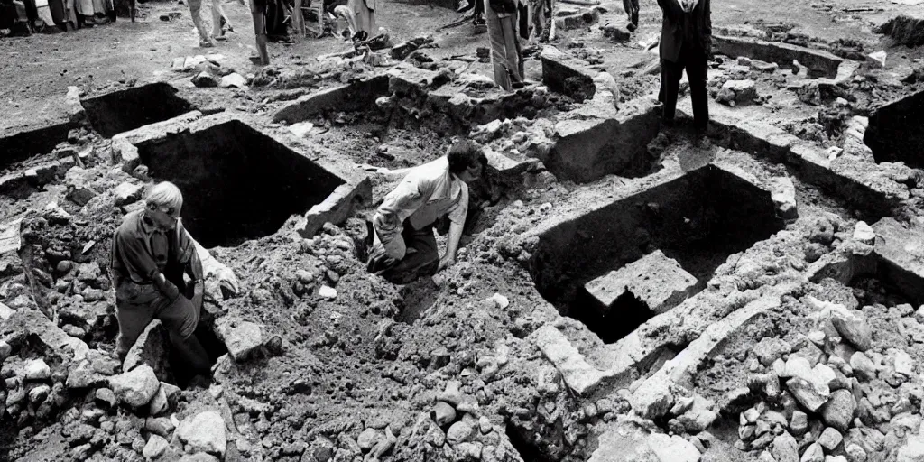 Prompt: Archaeologists Finding a Complex Machine in a Hole, Buried in the Ruins of Pompeii, 1983 photo, award winning