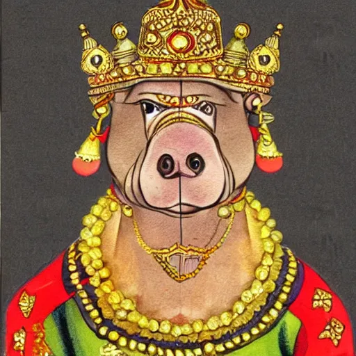 Prompt: a pig wearing a gold crown in the style of R. K. Laxman