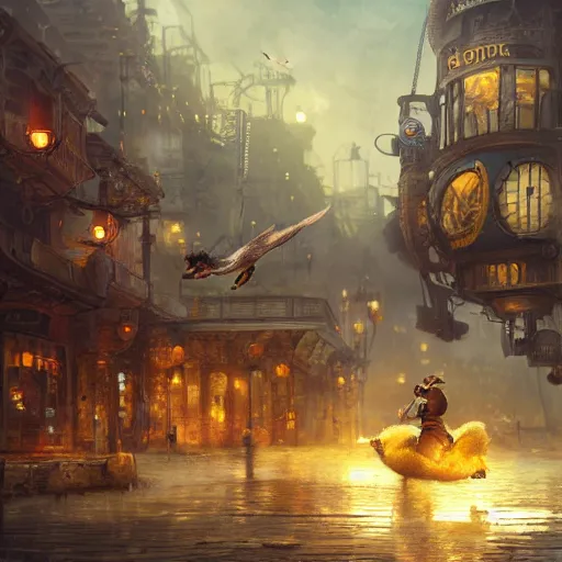 Image similar to oil painting of hamster riding giant duck, steampunk clothes, steampunk city background, sharp focus, fantasy style, octane render, volumetric lighting, 8k high definition, by greg rutkowski, highly detailed, trending on art Station, explosions, centered