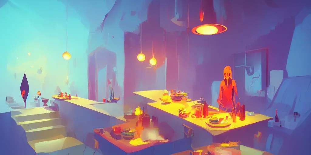 Image similar to weird!!!!! perspective epic illustration of a kitchen dim lit by 1 candle in a scenic environment by Anton Fadeev