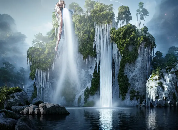 Image similar to huge towering magical waterfall, white pearlescent, chrome, iridescent metals, liquid gold, biomechanical garment, cinematic, crystalline masterpiece diamond incrustations, hyperdetailed metalwork, in volumetric soft glowing mist by erik johansson full frame mirrorless sensor, movie still, octane render, pixar, crepuscular rays,