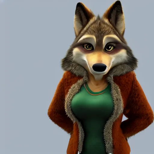 Image similar to portrait, 3d render , anthropomorphic female wolf , wearing a long leather jacket , in the style of Zootopia