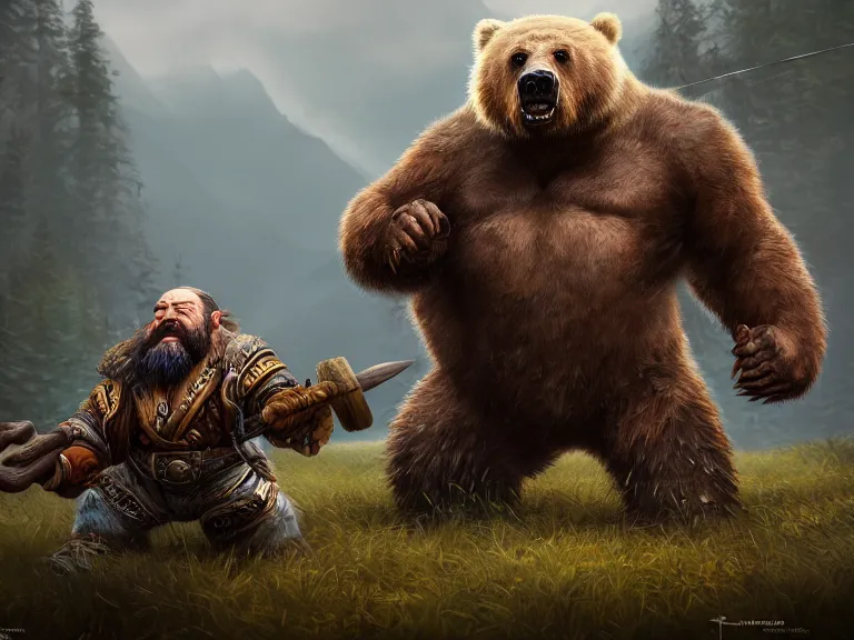 Prompt: Dwarf fights Grizzly Bear, RPG Portrait, Oil Painting, Trending on Artstation, octane render, Insanely Detailed, 8k, HD