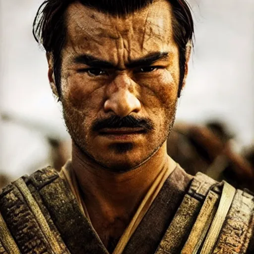 Image similar to handsome and strong! kurdish! samurai in a movie directed by christopher nolan, movie still frame, promotional image, imax 7 0 mm footage, perfect symmetrical facial features