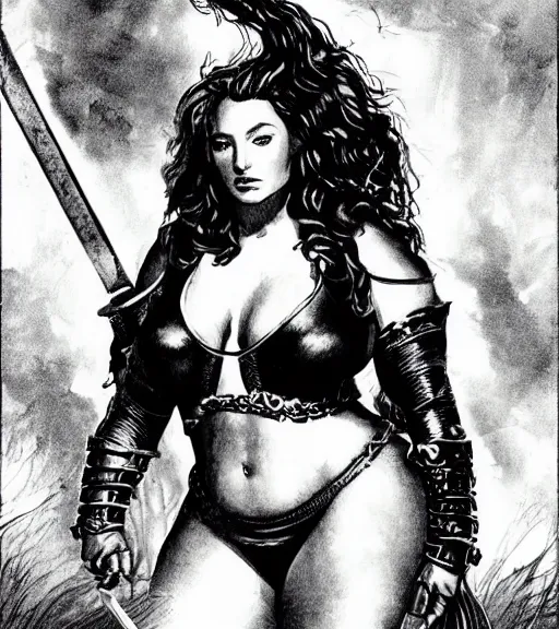 Prompt: 1 9 8 0 s fantasy novel book cover, bbw plus size amazonian sophie turner in extremely tight bikini armor wielding a cartoonishly large sword, exaggerated body features, dark and smoky background, low quality print