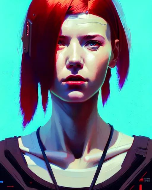 Image similar to cyberpunk synth, hyper - realistic detailed portrait of a happy girl, red hair, cinematic, by atey ghailan, by greg rutkowski, by greg tocchini, by james gilleard, by joe fenton, by kaethe butcher, 8 k, very intricate, dynamic lighting, gradient light blue, brown, blonde cream and white color scheme, sharp focus, grunge aesthetic