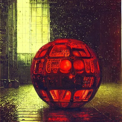 Prompt: chrome spheres on a red cube by john atkinson grimshaw