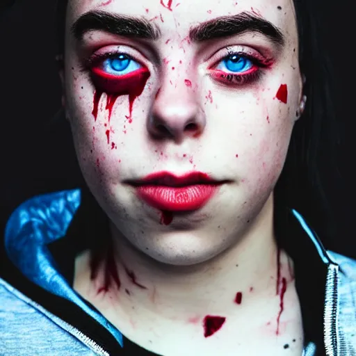 Image similar to Billie Eilish with blood coming from her eyes, XF IQ4, 150MP, 50mm, F1.4, ISO 200, 1/160s, natural light, Adobe Lightroom, photolab, Affinity Photo, PhotoDirector 365