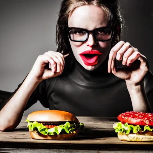 Image similar to hamburger eating people, large silicon rubber puppet hamburger, professional photography, canon lens